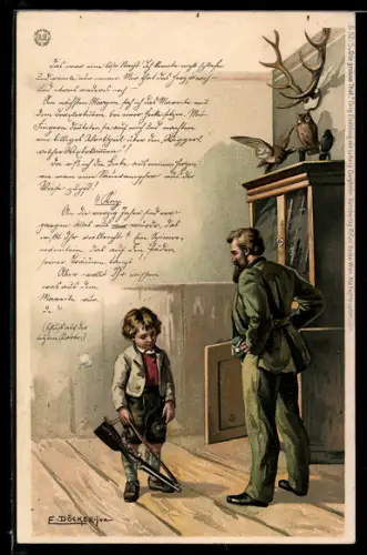Künstler-Lithographie E. Döcker: Die grosse That, Knabe mit Spielzeuggwehr und Vater