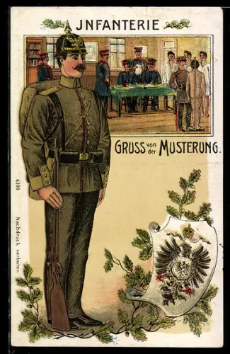 Lithographie Gruss von der Musterung - Infanterie