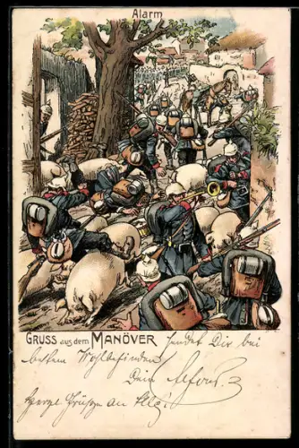 Lithographie Soldaten im Kaisermanöver