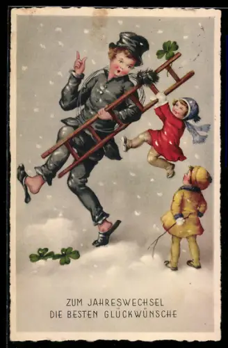 AK Schornsteinfeger stapft durch den Schnee, Kind hängt sich an seine Leiter