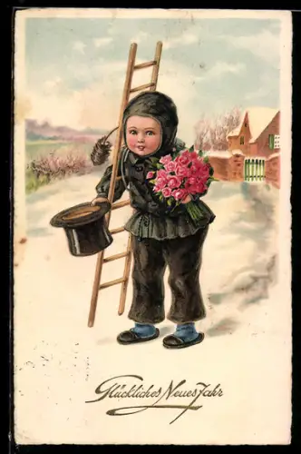 AK Schornsteinfegerin mit Zylinder und Blumenstrauss