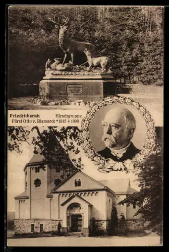 AK Friedrichsruh, In Eichenlaub eingefasstes Porträt Fürst Otto v. Bismarck und Gruftkapelle