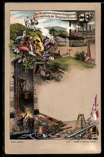 AK Bergbau, Ansichts eines Bergbaus mit Zeche und Bergmann