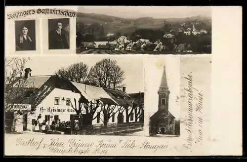 AK Sulz-Stangau, Gastwirtschaft Reisinger mit Wirtspaar-Portrait, Ortsansicht, Kirche