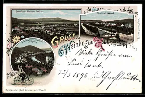 Lithographie Weidlungau-Hadersdorf bei Wien, Ober-Weidlingau mit Sanatoorium und Georgenberg, Weidlingau mit Mariabrunn