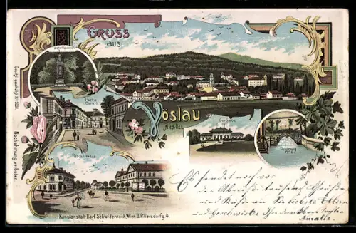Lithographie Vöslau /Nied.-Öst., Kur-Salon, Hochstrasse, Wetter-Häuschen