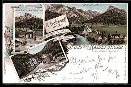 Lithographie Kaiserbrunn i. Höllenthal, A. Schnepf`s Hotel, Wasserschloss der Wiener Wasserleitung