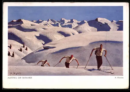 Künstler-AK sign. Alfons Walde: Aufstieg der Skifahrer