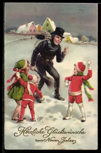 AK Herzliche Glückwünsche zum Neuen Jahre, Schneeballschlacht mit dem Schornsteinfeger