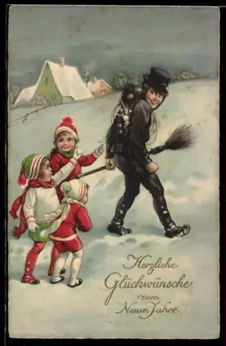 AK Schornsteinfeger und Kinder im Schnee zu Neujahr