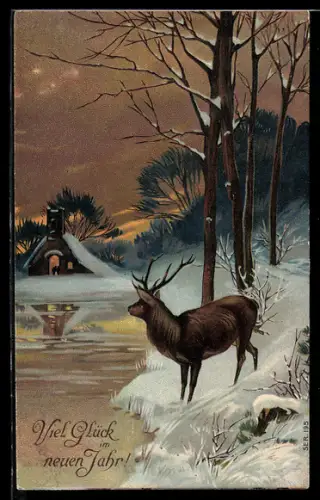 AK Hirsch blickt zur Kirche, winterliche Landschaft