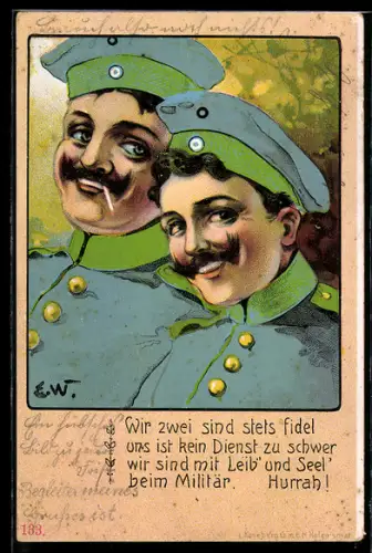 Künstler-AK Lächelnde Soldaten mit Zigarette, Spruch
