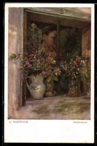 Künstler-AK A. Karpellus: Paar küssend am Fenster, Blumen auf der Fensterbank Almenrausch