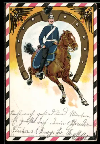 Lithographie Kavallerist bei einem Ritt mit Flagge auf dem Pferd, Hufeisen und Wappenadler