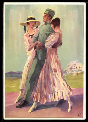 AK Mitrailleurlied 1915, Soldat mit zwei jungen Damen