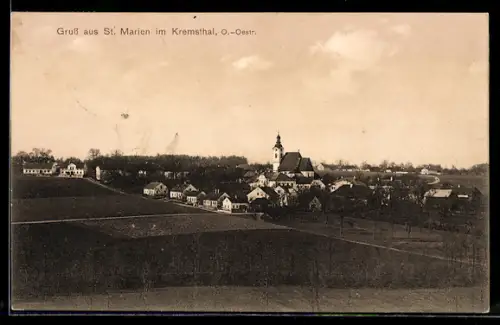 AK St. Marien im Kremsthal, Ortstotale mit der Kirche von den Feldern aus
