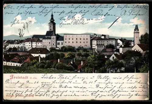 AK Freidstadt, Blick über die Stadtdächer auf die Kirche