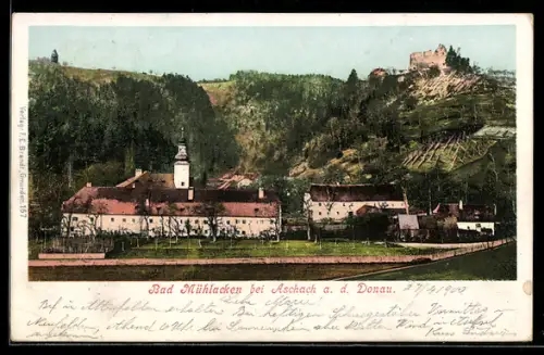 AK Feldkirchen an der Donau, Bad Mühllacken bei Aschach, Kirche mit Blick zur Ruine