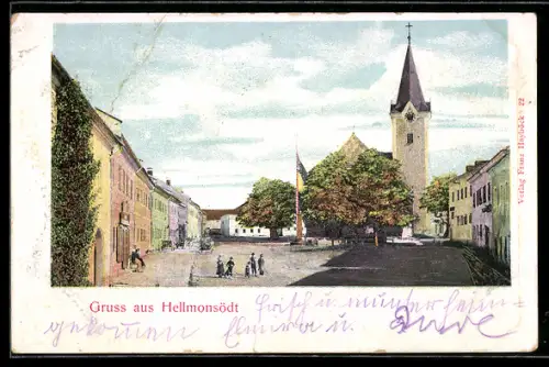 AK Hellmonsödt, Strassenpartie mit Kirche