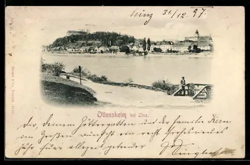 AK Ottensheim bei Linz, Blick über den Fluss zum Ort