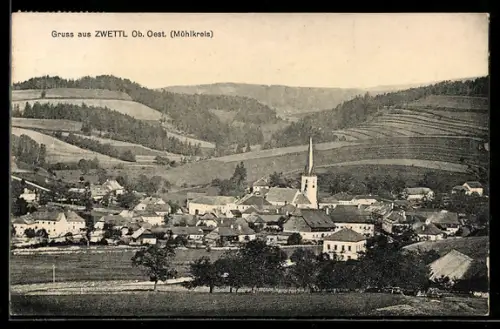 AK Zwettl /Mühlkreis, Teilansicht mit Kirche