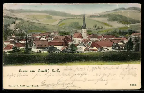 AK Zwettl /O.-Ö., Teilansicht mit Kirche