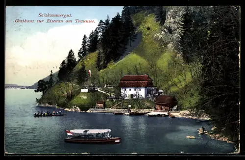 AK Gmunden am Traunsee, Gasthaus zur Eisenau mit Uferpartie