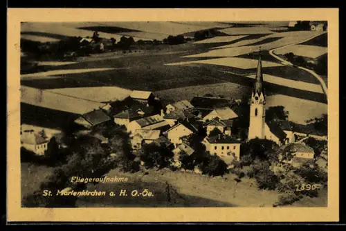 AK St. Marienkirchen a. H., Fliegeraufnahme mit Kirche und Dorf