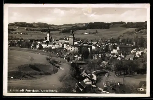 AK Freystadt /Oberdonau, Panorama mit Fluss und Kirchtürmen