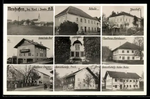 AK Neuhofen bei Ried i. Innkr., Gasthaus Sternbauer, Gemeinde-Amt, Schule