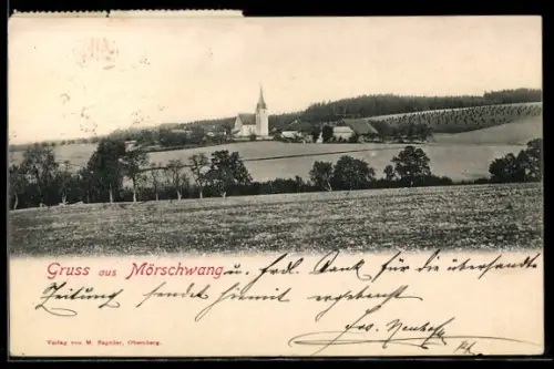 AK Mörschwang, Panorama mit Kirche und Feldern