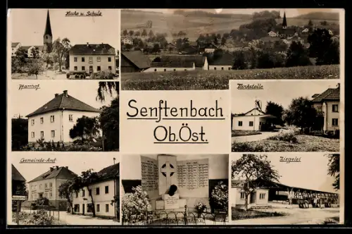 AK Senftenbach /Ob. Öst., Kirche und Schule, Gemeindeamt, Tankstelle