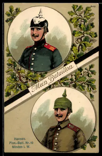 AK Minden i. W., Soldaten vom Hannoverschen Pionier-Bataillon Nr. 10 in Uniform mit Pickelhaube