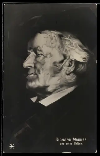 AK Musiker Richard Wagner, Gesicht aus tanzenden Frauen, Schwan und Pegasus