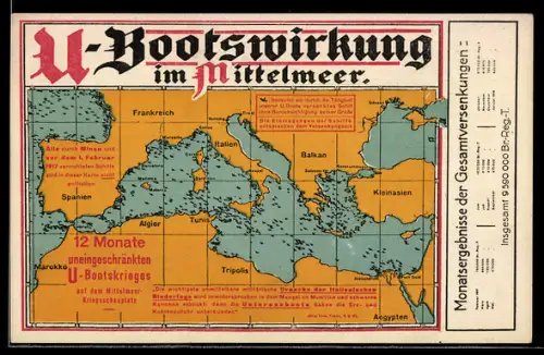 AK U-Bootwirkung im Mittelmeer, Monatsergebnisse der Gesamtversenkungen, 12 Monate uneingeschränkter U-Bootkrieg