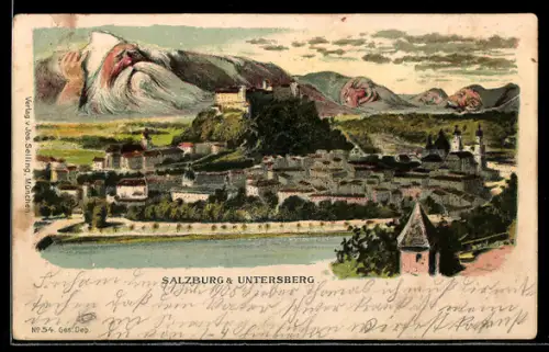 Künstler-AK Seiling Nr. 54: Salzburg, Untersberg mit Gesicht, Hohensalzburg, Berg mit Gesicht / Berggesichter
