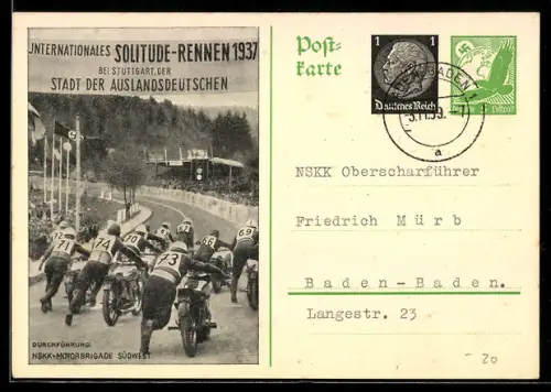 AK Stuttgart, Motorräder beim Start, Internationales Solitude-Rennen 1937, Banner Stadt der Auslandsdeutschen