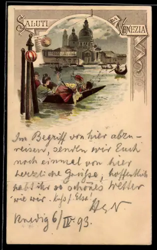 Vorläufer-Lithographie Venezia, 1893, Ansicht der Kirche Santa Maria di Salute und Gondeln