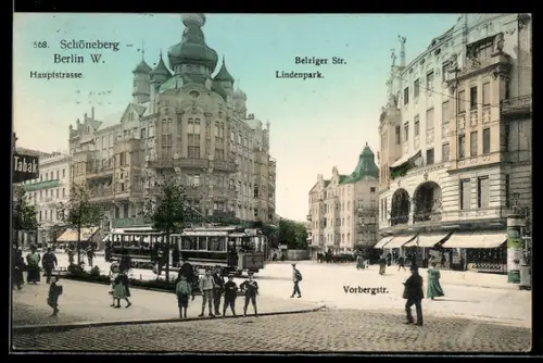 AK Berlin-Schöneberg, Hauptstrasse Ecke Belziger von der Vorbergstrasse aus gesehen, Lindenpark, Strassenbahn