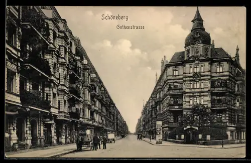 AK Schöneberg, Blick in die Gothenstrasse mit Wohngebäuden und Litfasssäule
