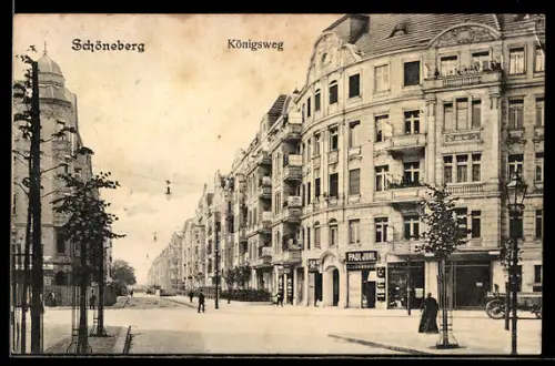 Künstler-AK Schöneberg, Königsweg mit Wohngebäuden und Geschäft von Paul Juhl