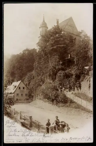 Foto-AK Tharandt, Strasse vor der Bergkirche im Jahr 1900