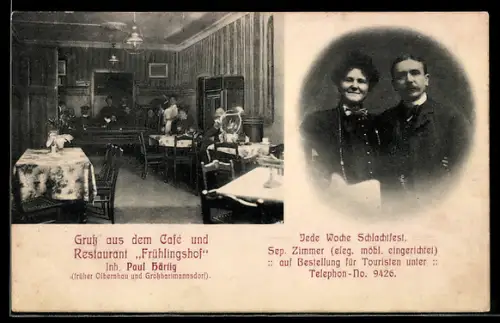 AK Jägersgrün, Hohehaus, Café und Restaurant Frühlingshof, Inh. Paul Härtig, Paarportrait und Gästeraum