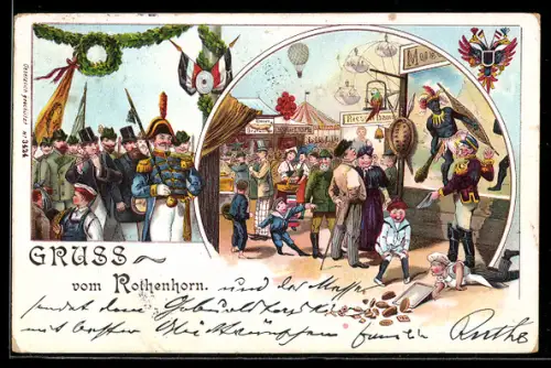 Lithographie Oktoberfest, Spielmannszug und Stände