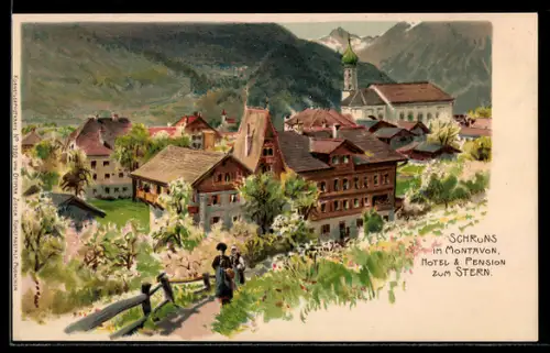 Künstler-Lithographie Edward Harrison Compton: Schruns, Hotel & Pension zum Stern