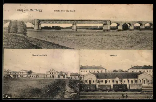 AK Marchegg, Brücke über die March, Bahnhof und Maschinenfabrik