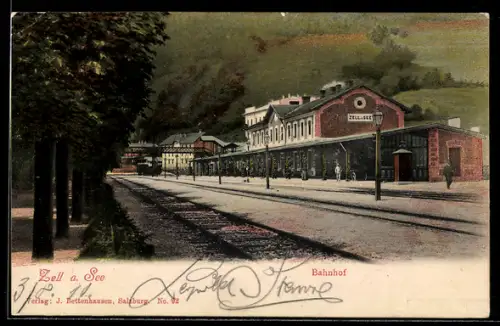AK Zell am See, Blick zum Bahnhof mit Bahnsteig