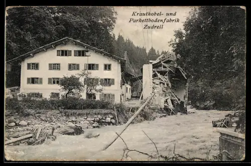 AK Schruns /Montafon, Krauthobel- und Parkettbodenfabrik Zudrell nach der Hochwasserkatastrophe 1910