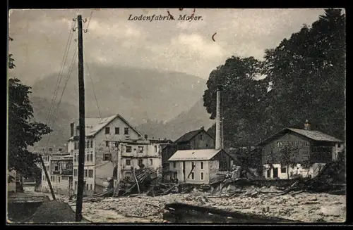AK Schruns /Montafon, Lodenfabrik Mayer nach der Hochwasserkatastrophe im Juni 1910
