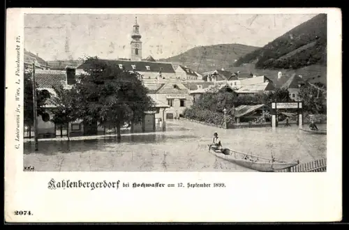 AK Kahlenbergerdorf, Ortspartie während Hochwasser im September 1899